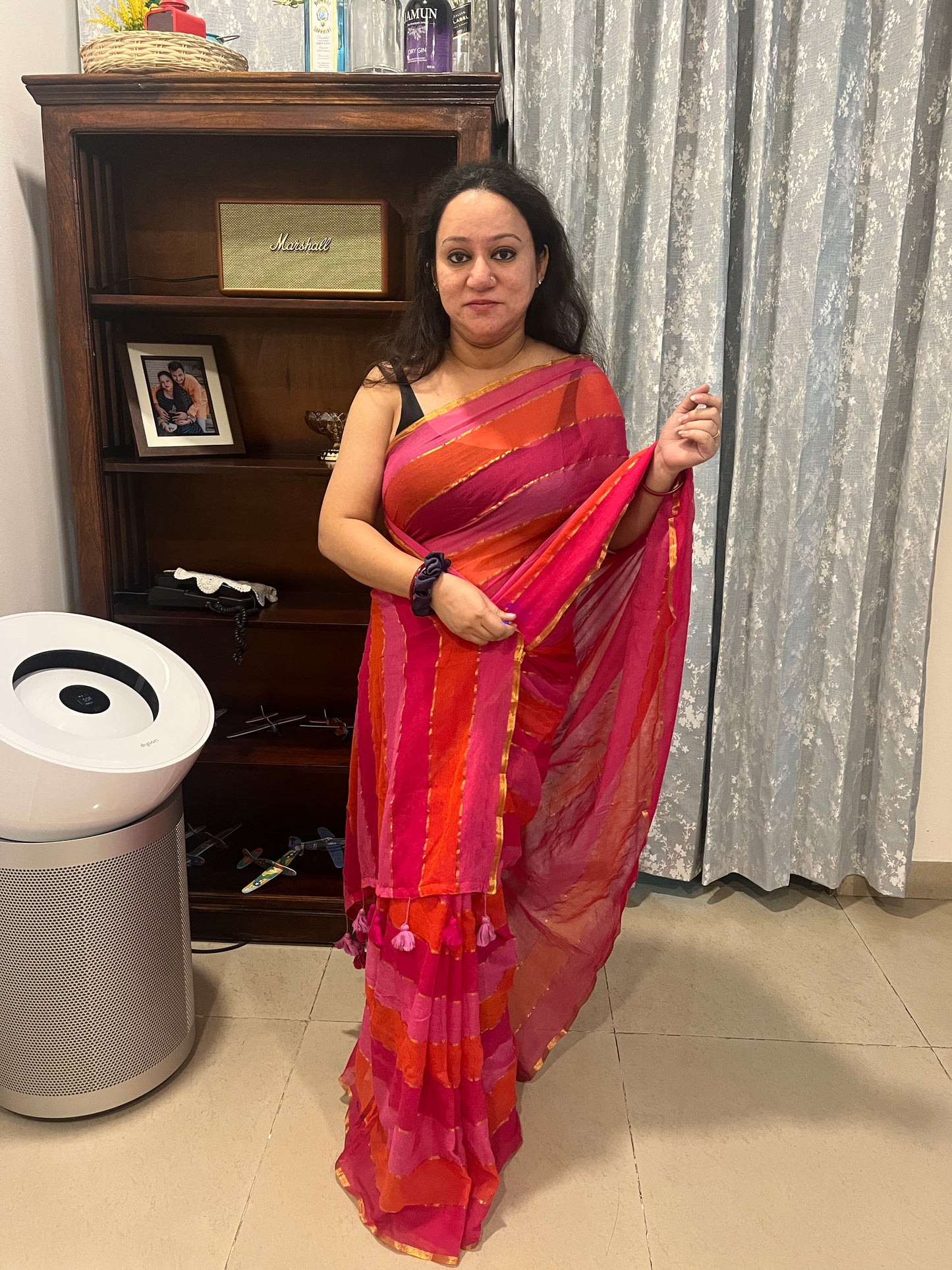 Pink Orange Striped Zari Mul Cotton Saree (No Blouse piece)