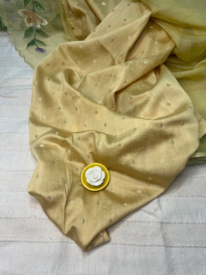 Crepe Organza Handpainted Saree with Embroidery- Lemon Yellow