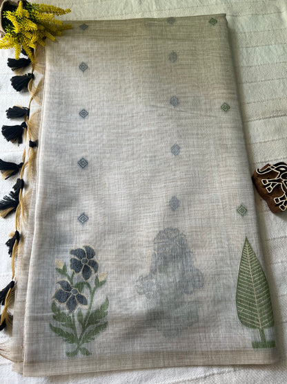 Chanderi Cotton Jamdani Saree - Black Flower Weaving