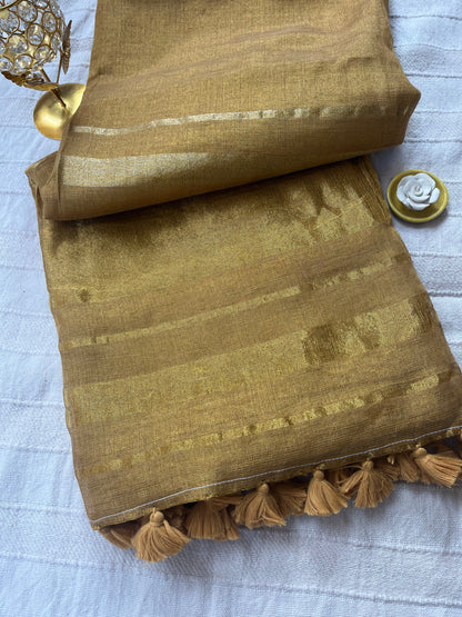 Tissue Linen Saree with Tassels - Gold