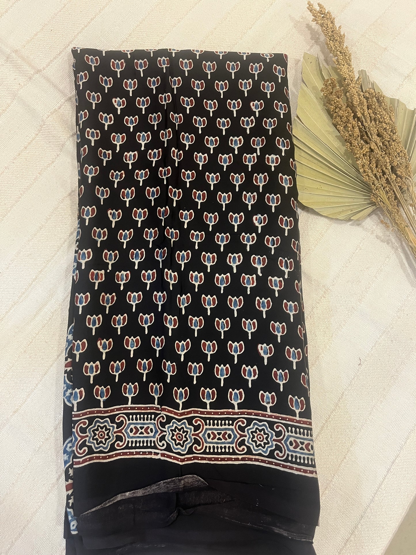 Ajrakh Modal Silk Saree - Black Lotus Motifs