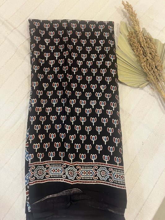 Ajrakh Modal Silk Saree - Black Lotus Motifs