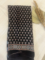Ajrakh Modal Silk Saree - Black Lotus Motifs
