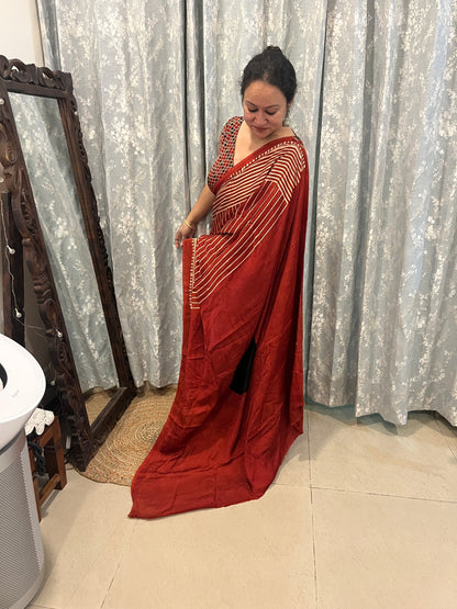 Contemporary Ajrakh Modal Silk Saree -Red Stripes