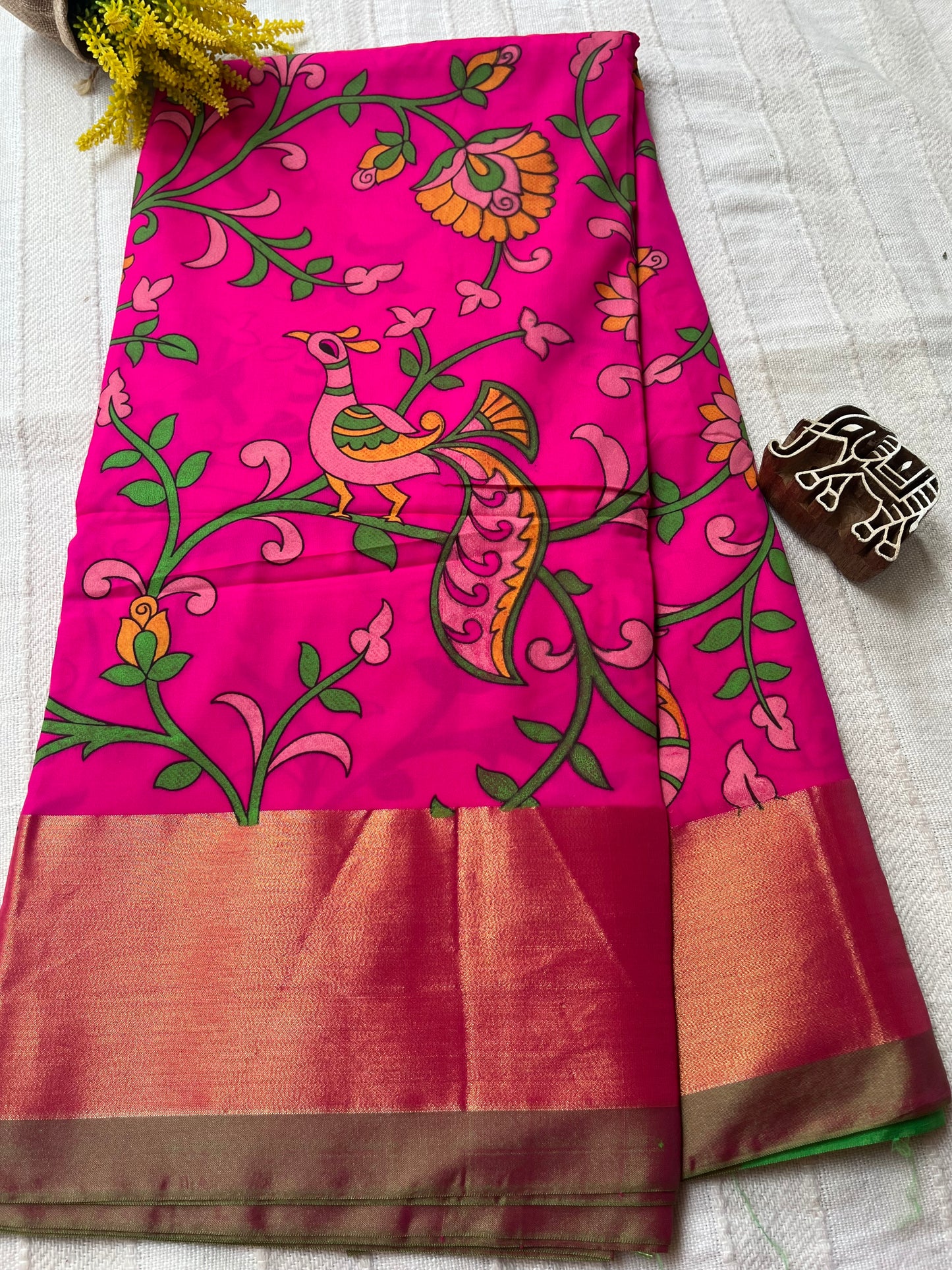 Kalamkari Printed Nelluri Silk Saree - Hot Pink