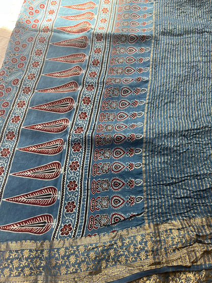 Indigo Ajrakh Dola Silk Saree - Stripes and Badam Block