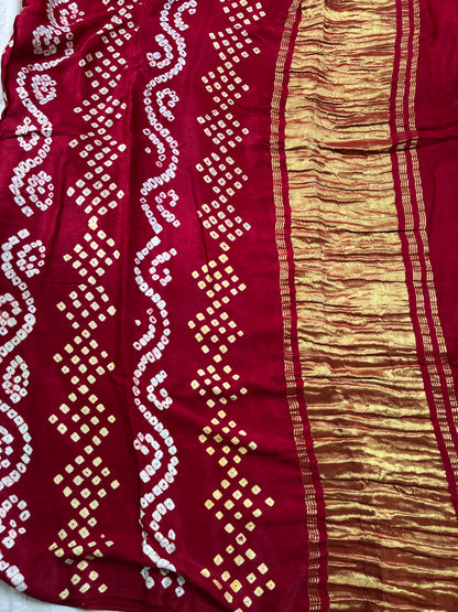 Bandhani Modal Silk saree with Tissue Palla - Deep Red with White Yellow Dot Bandhej