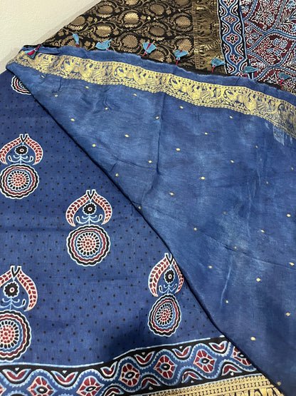 Ajrakh Dola Silk Saree - Indigo with Nakshi Pallu (with tassels)