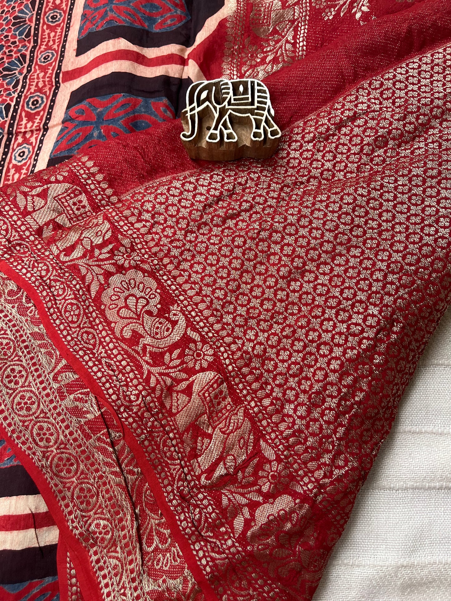 Ajrakh Dola Silk Saree - Red Leaf Motifs