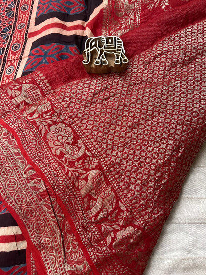 Ajrakh Dola Silk Saree - Red Leaf Motifs