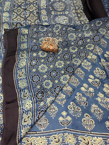 Ajrakh Modal Silk Saree - Indigo-Green
