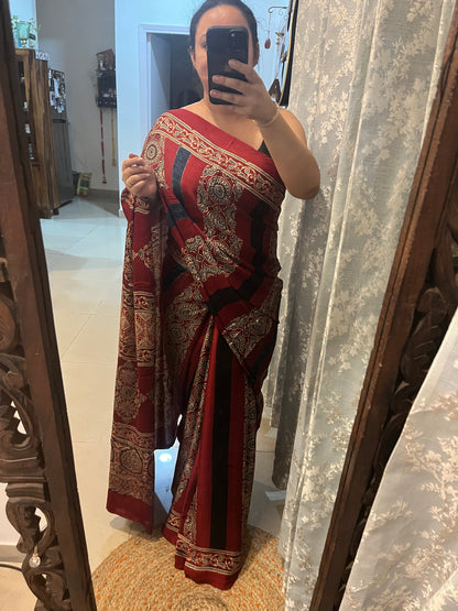 Contemporary Ajrakh Modal Silk Saree - Red