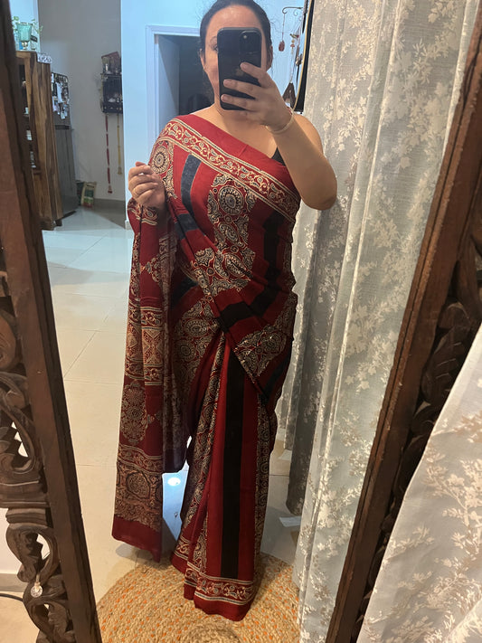 Contemporary Ajrakh Modal Silk Saree - Red