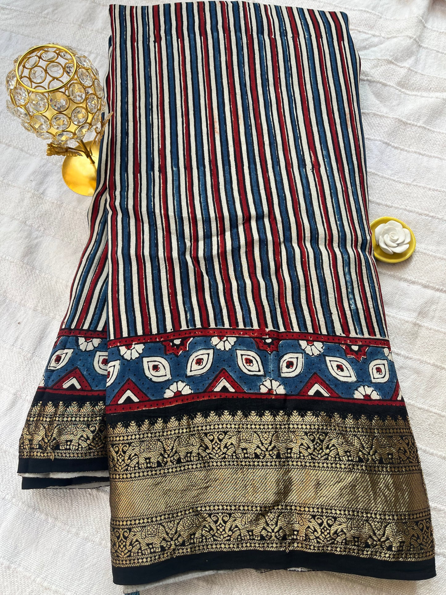 Contemporary Ajrakh Dola Silk Saree - Black Stripes (with tassels)