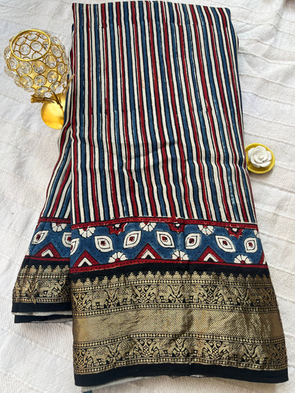 Contemporary Ajrakh Dola Silk Saree - Black Stripes (with tassels)