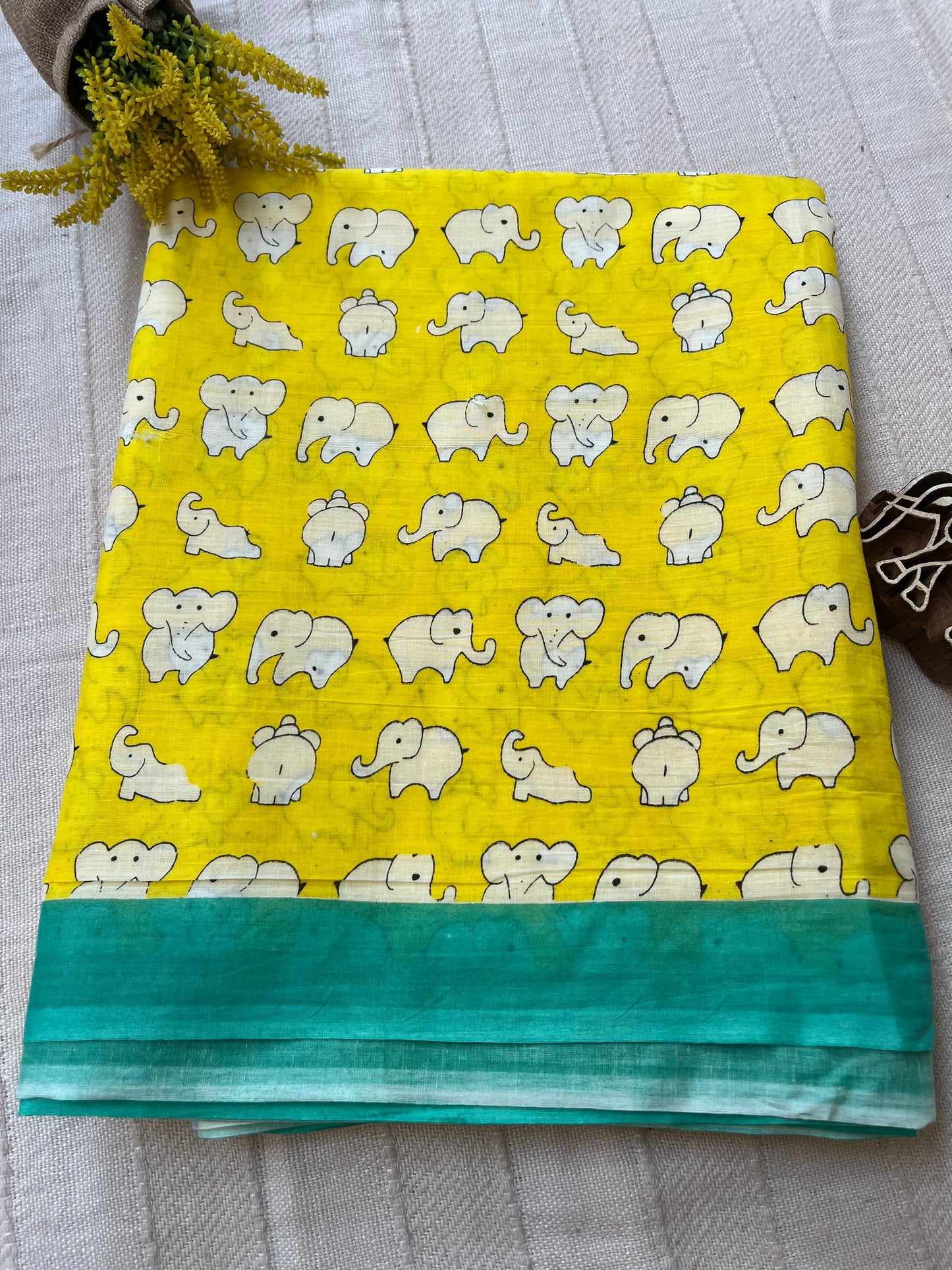 Yellow White Elephant Quirky Mul Cotton Saree