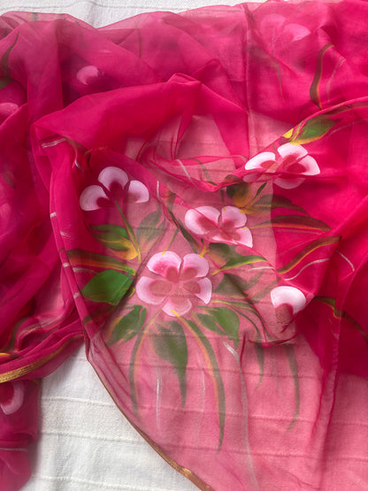 Hand-painted Chiffon Saree - Rani Pink