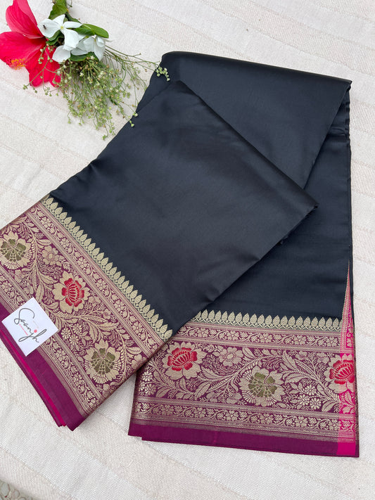 Banarasi Soft Silk Saree - Black-Pink