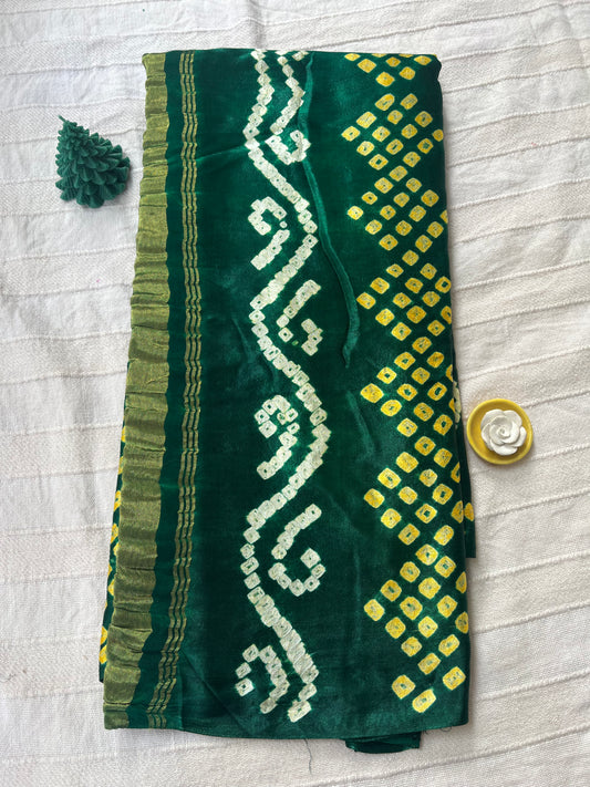 Bandhani Modal Silk saree with Tissue Palla - Bottle Green with White Yellow Bandhej