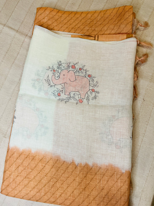 Quirky Linen Cotton Saree - Orange Elephants