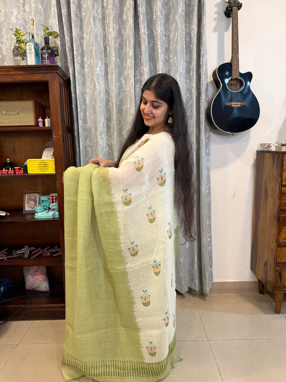 Quirky Linen Cotton Saree - Mehendi Green Fishes