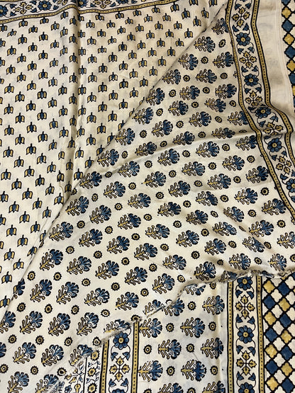Ajrakh Modal Silk Saree - Off-White Lotus Motifs