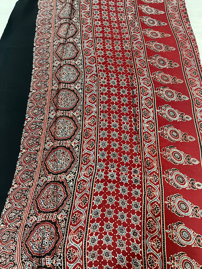 Ajrakh Modal Silk Saree -Red Badam Block