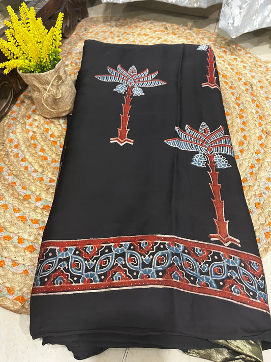 Ajrakh Modal Silk with Lagadi Patta - Black