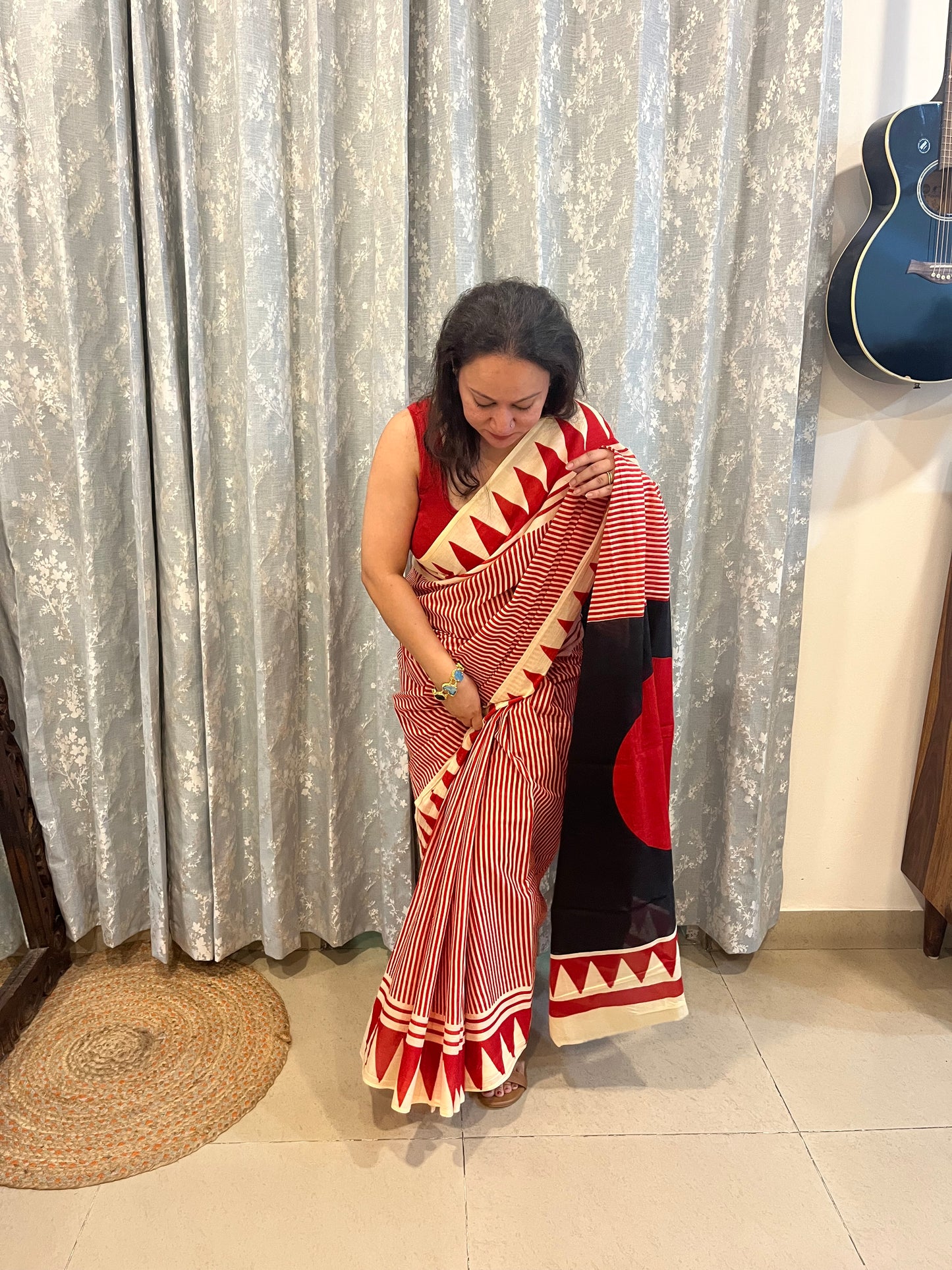 Contemporary Ajrakh Mul Cotton Saree - Red Stripes