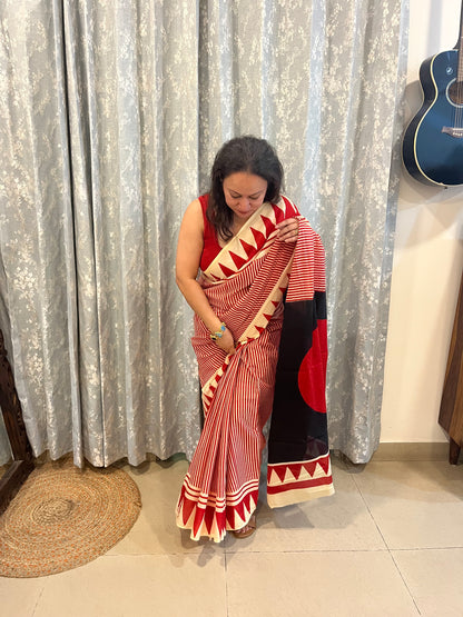 Contemporary Ajrakh Mul Cotton Saree - Red Stripes
