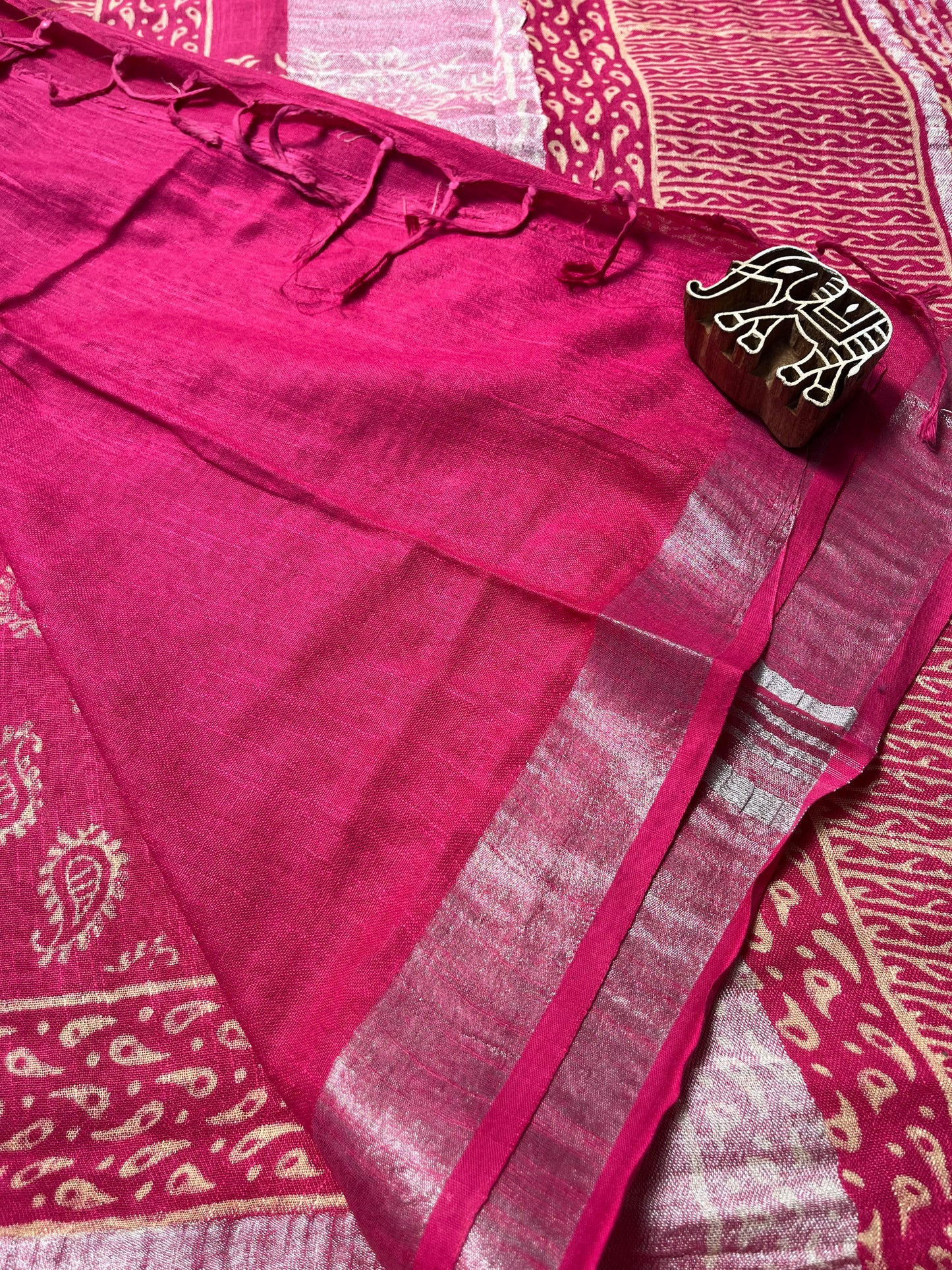 Bagru Handblock Linen Cotton Saree- Pink