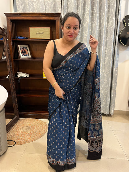 Ajrakh Modal Silk Saree - Indigo Small Buttis