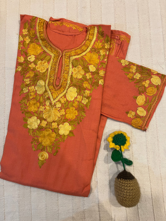 Kashmiri Aari Work Pheran with Sleeves Work - Peach