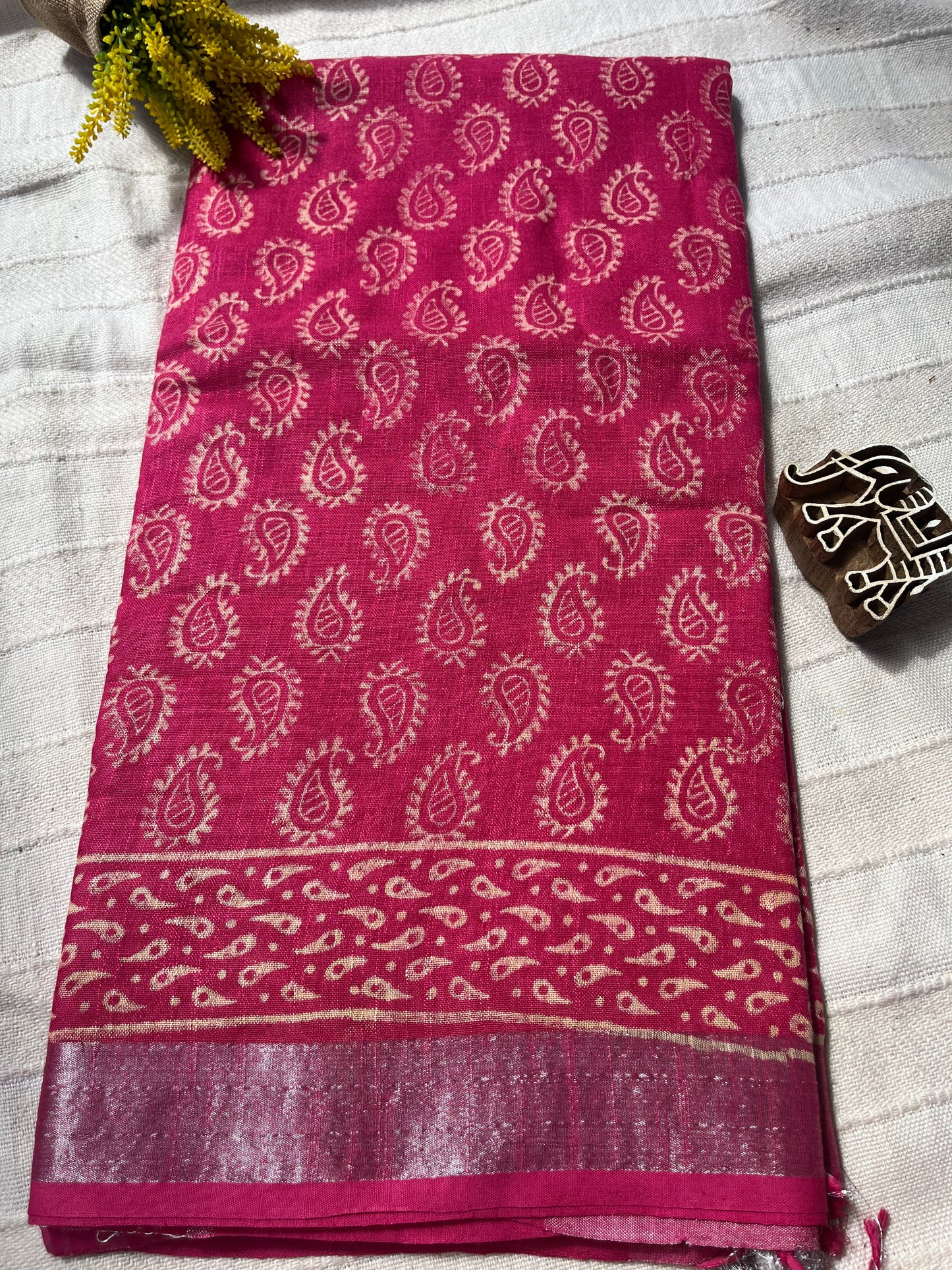 Bagru Handblock Linen Cotton Saree- Pink