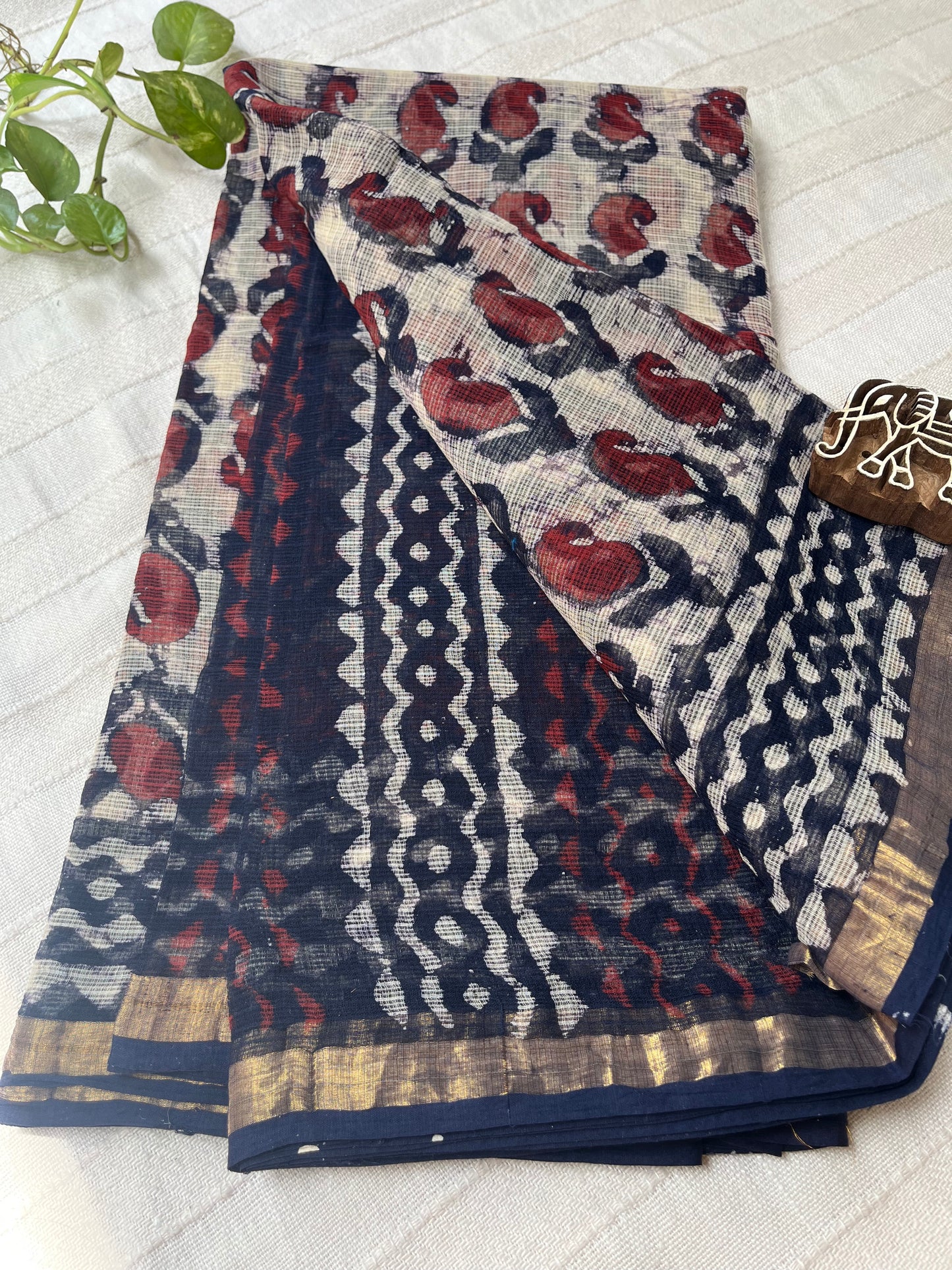 Bagru Handblock Kota Doria Saree - Blue-Red