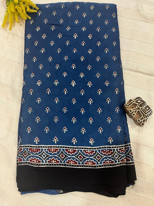 Ajrakh Modal Silk Saree - Indigo Small Buttis