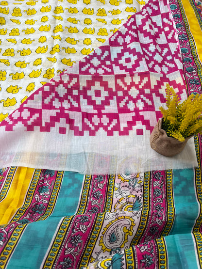 Yellow Elephant Print Quirky Mul Cotton Saree