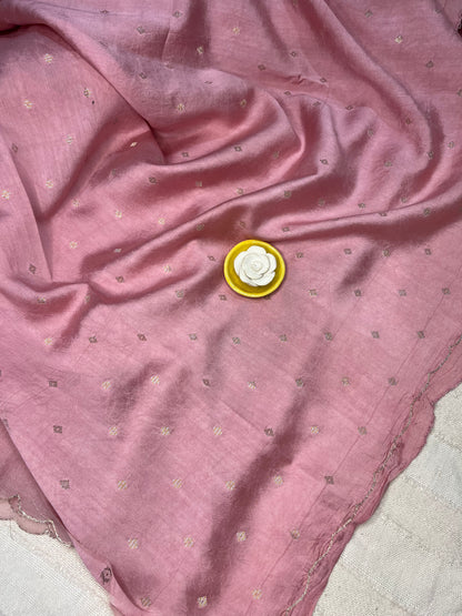 Crepe Organza Handpainted Saree with Embroidery- Baby Pink