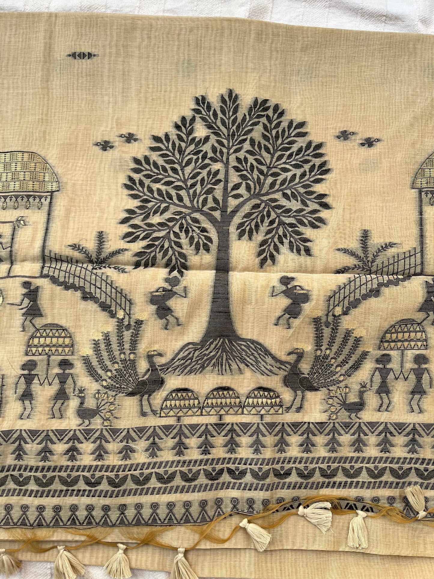 Chanderi Cotton Jamdani Saree - Beige Tribal Art
