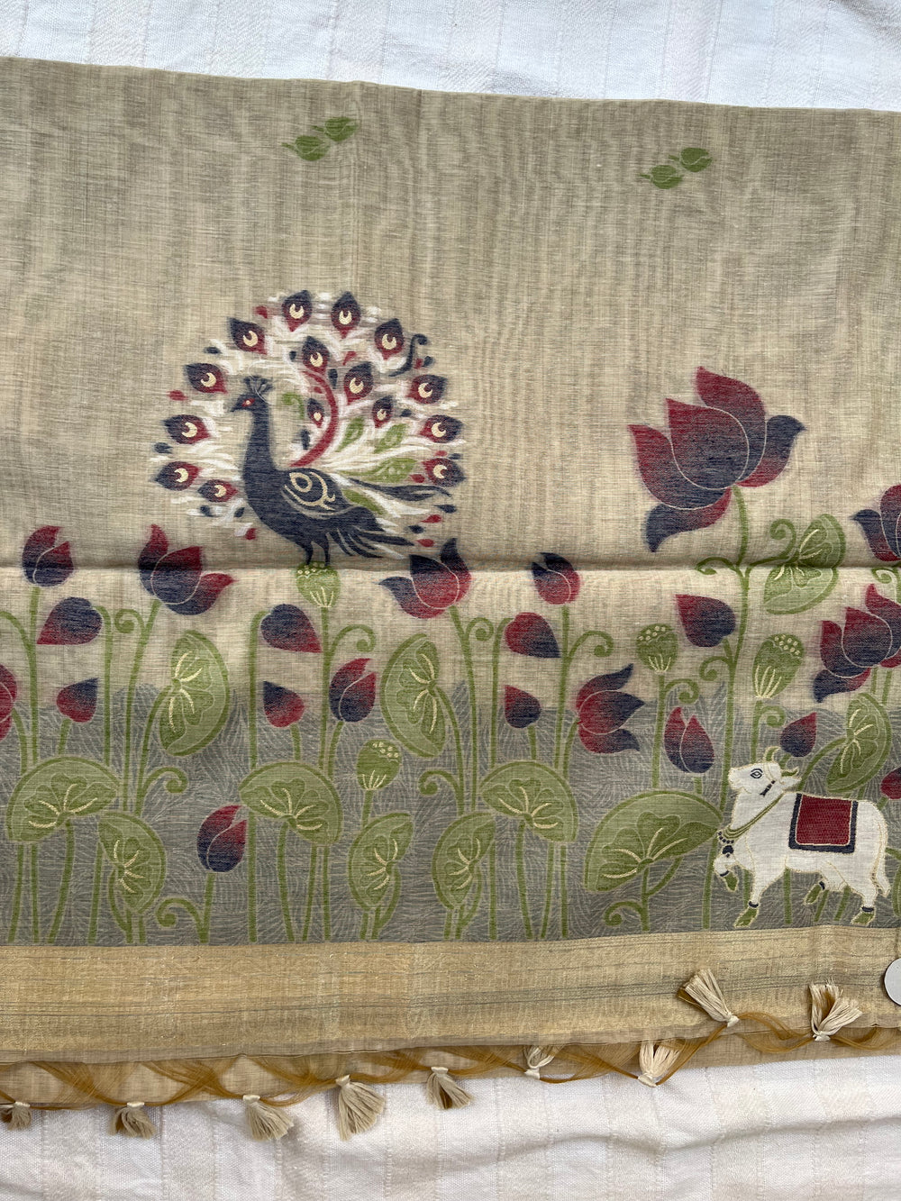 Chanderi Cotton Jamdani Saree - Beige Pichwai