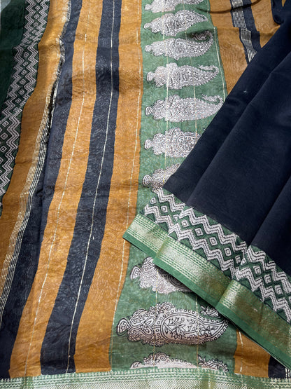 Bagru Handblock Maheshwari Cotton Silk Saree - Black Green