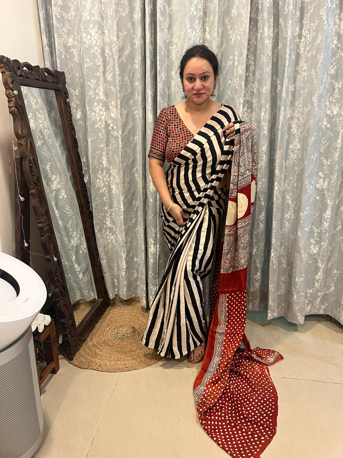 Contemporary Ajrakh Modal Silk Saree - Black Stripes with Red Palla