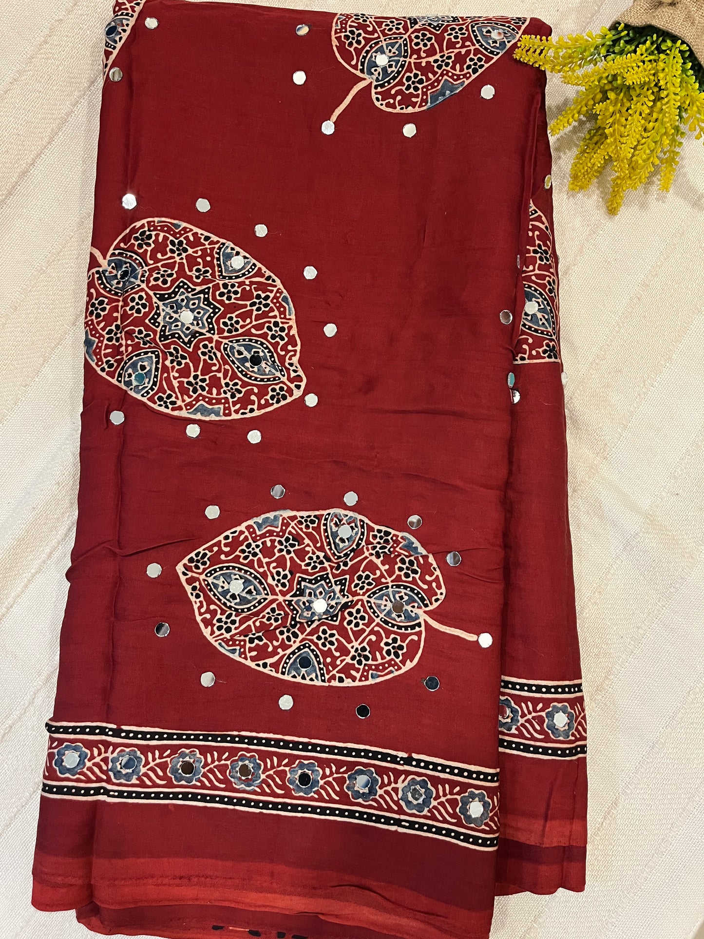 Ajrakh Modal Silk Saree with Mirror Work - Red Leaf Motifs