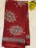 Ajrakh Modal Silk Saree with Mirror Work - Red Leaf Motifs
