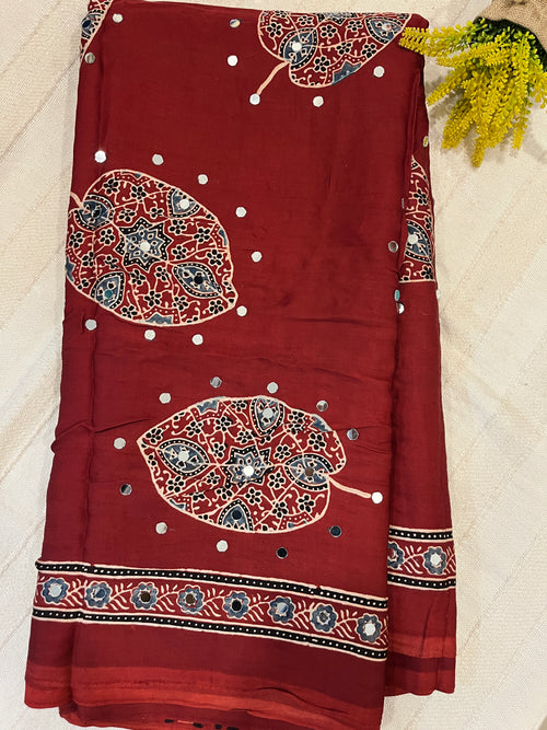 Ajrakh Modal Silk Saree with Mirror Work - Red Leaf Motifs