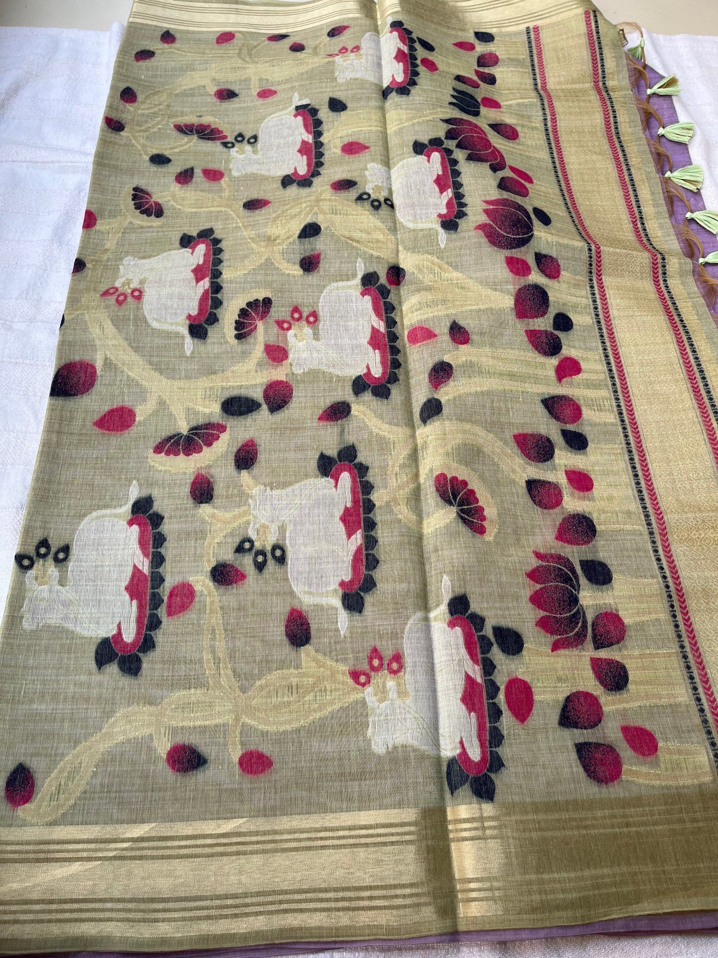 Chanderi Cotton Jamdani Saree - Lavender-Olive Green Pichwai