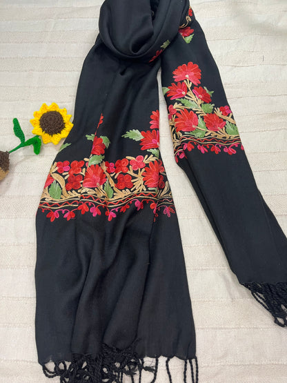 Kashmiri Aariwork Poly Wool Stole - Black