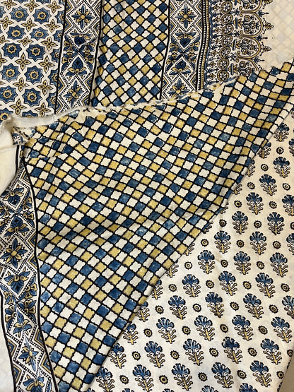Ajrakh Modal Silk Saree - Off-White Flower Motifs