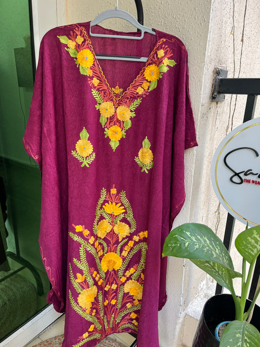 Crush Cotton Aariwork Kaftan - Wine Color