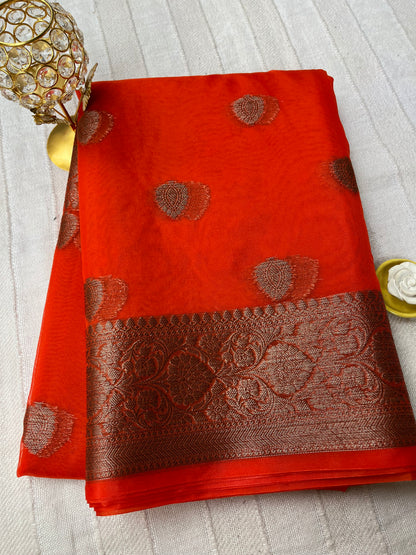 Banarsi Kora Organza Saree - Orange